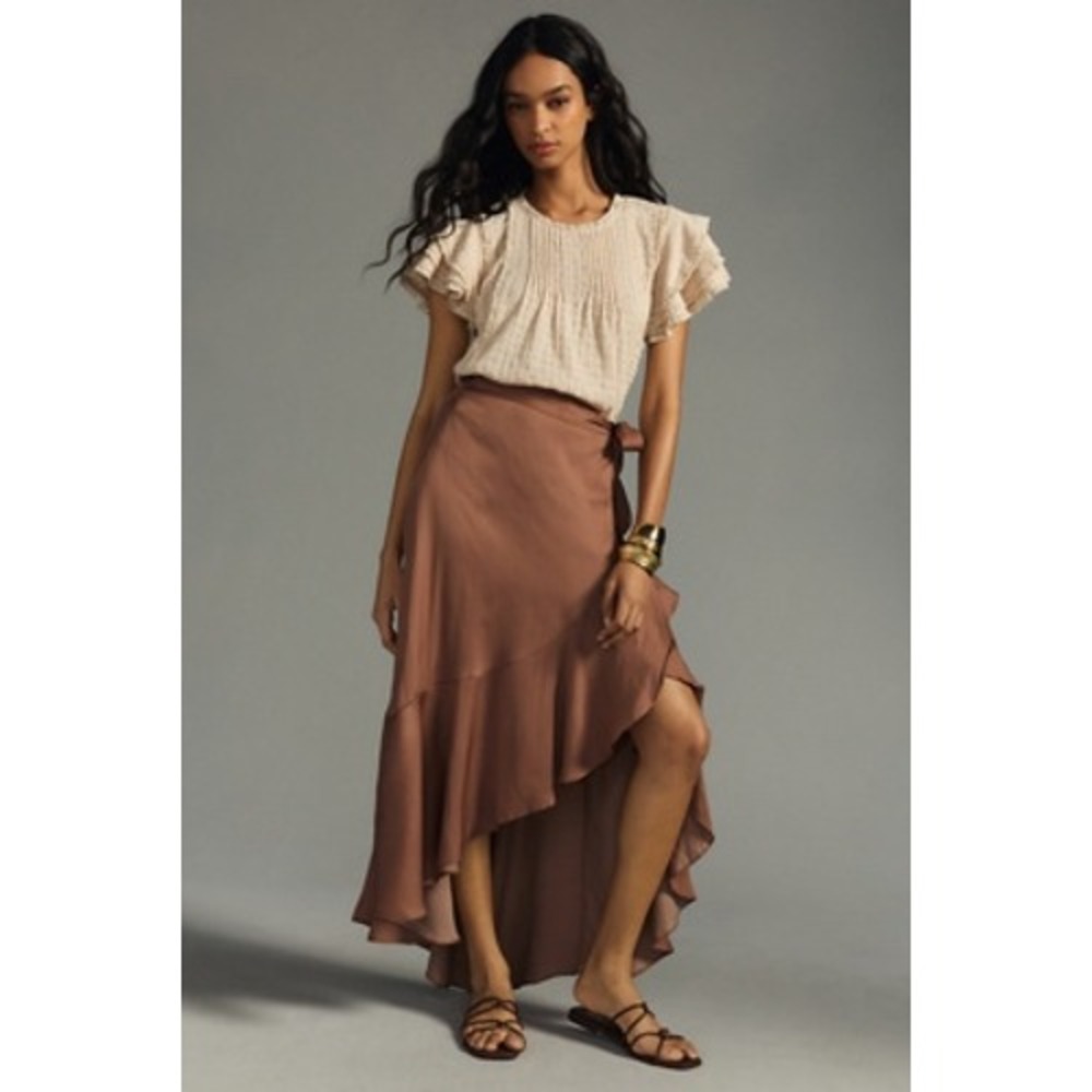 Anthropologie Maeve Brown Ruffle High Low Wrap Skirt Cocoa Satin Midi Maxi XL